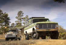 01 1969 Ford F 250 4x4 two tone green and white with Delmo 4x4 conversion and aluminum Trail Cap camper
