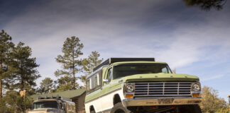 01 1969 Ford F 250 4x4 two tone green and white with Delmo 4x4 conversion and aluminum Trail Cap camper