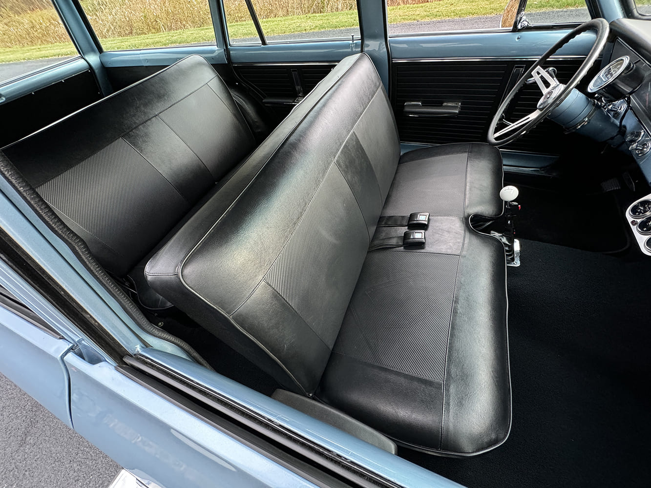 011 1966 Nova wagon black vinyl bench seats clean original interior layout