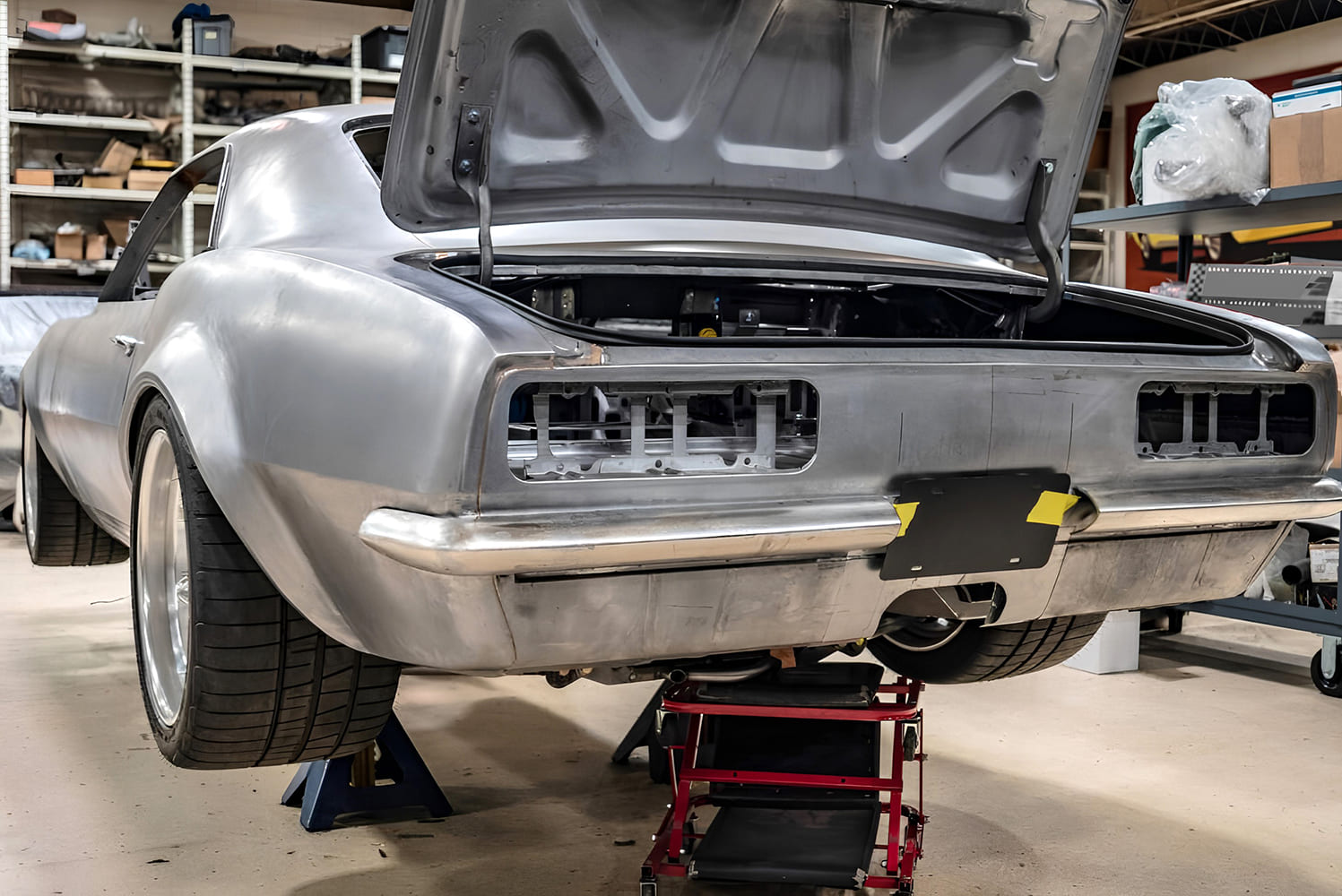 011 1968 Camaro raw metal rear body trunk open mini tubbed custom fabrication in progress