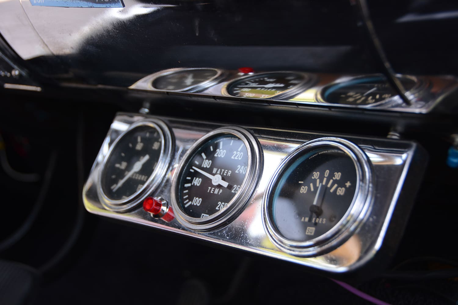 013 1955 Chevy Gasser underdash gauges water temp oil pressure ammeter chrome panel