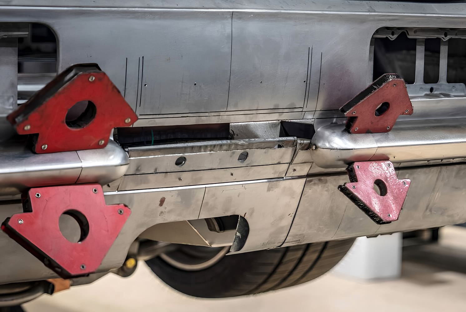 013 1968 Camaro bumper delete panel mocked up with magnets for rear metalwork