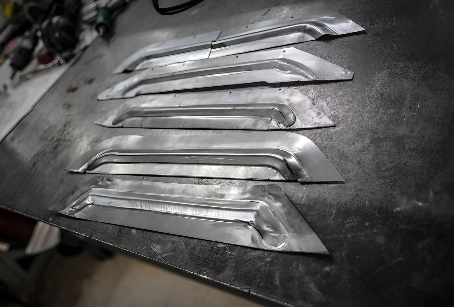 014 1968 Camaro rear vent panel fabbed sheet metal ducts mocked on workbench