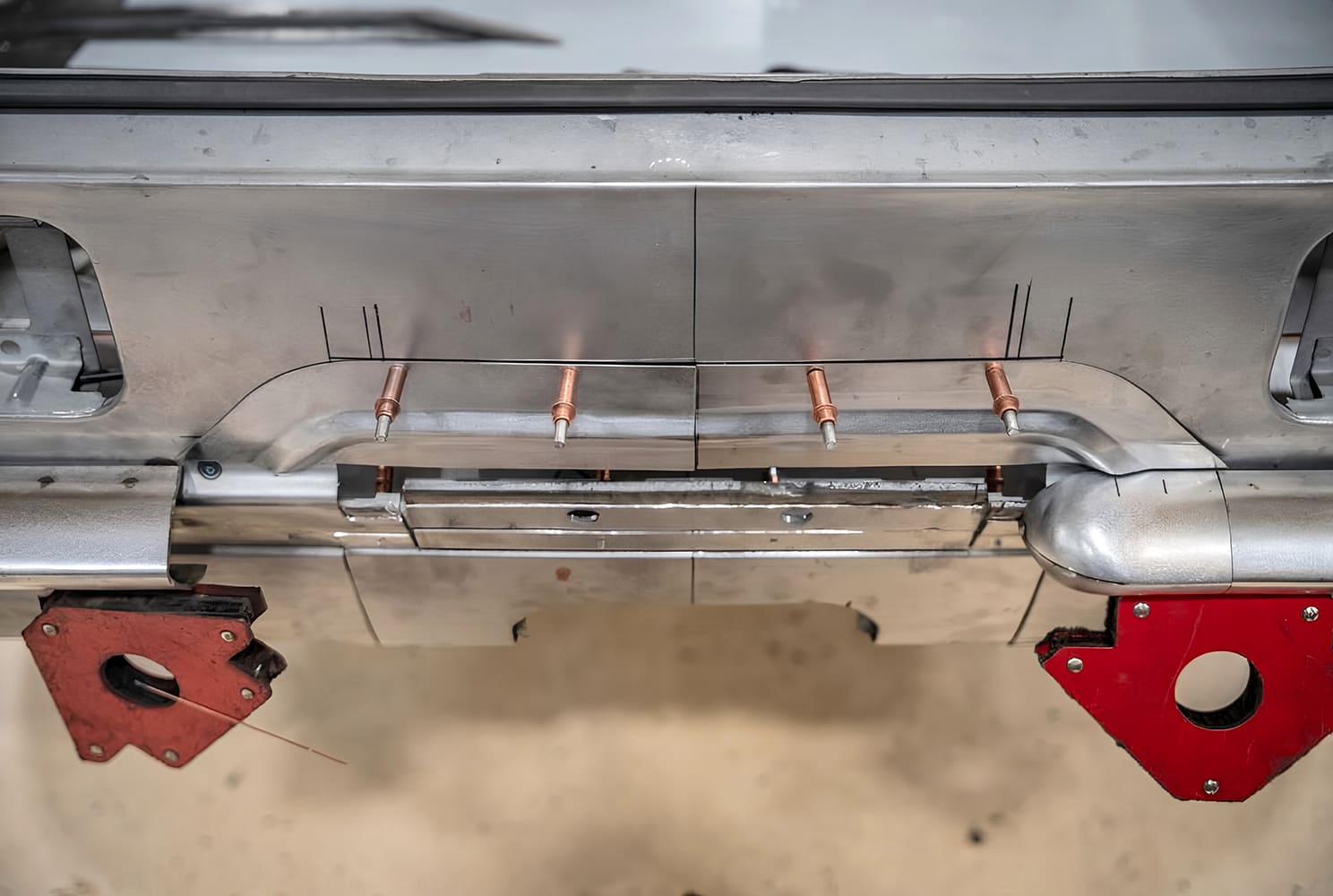 015 1968 Camaro Cleco pins holding rear panel fabbed ductwork pre weld setup