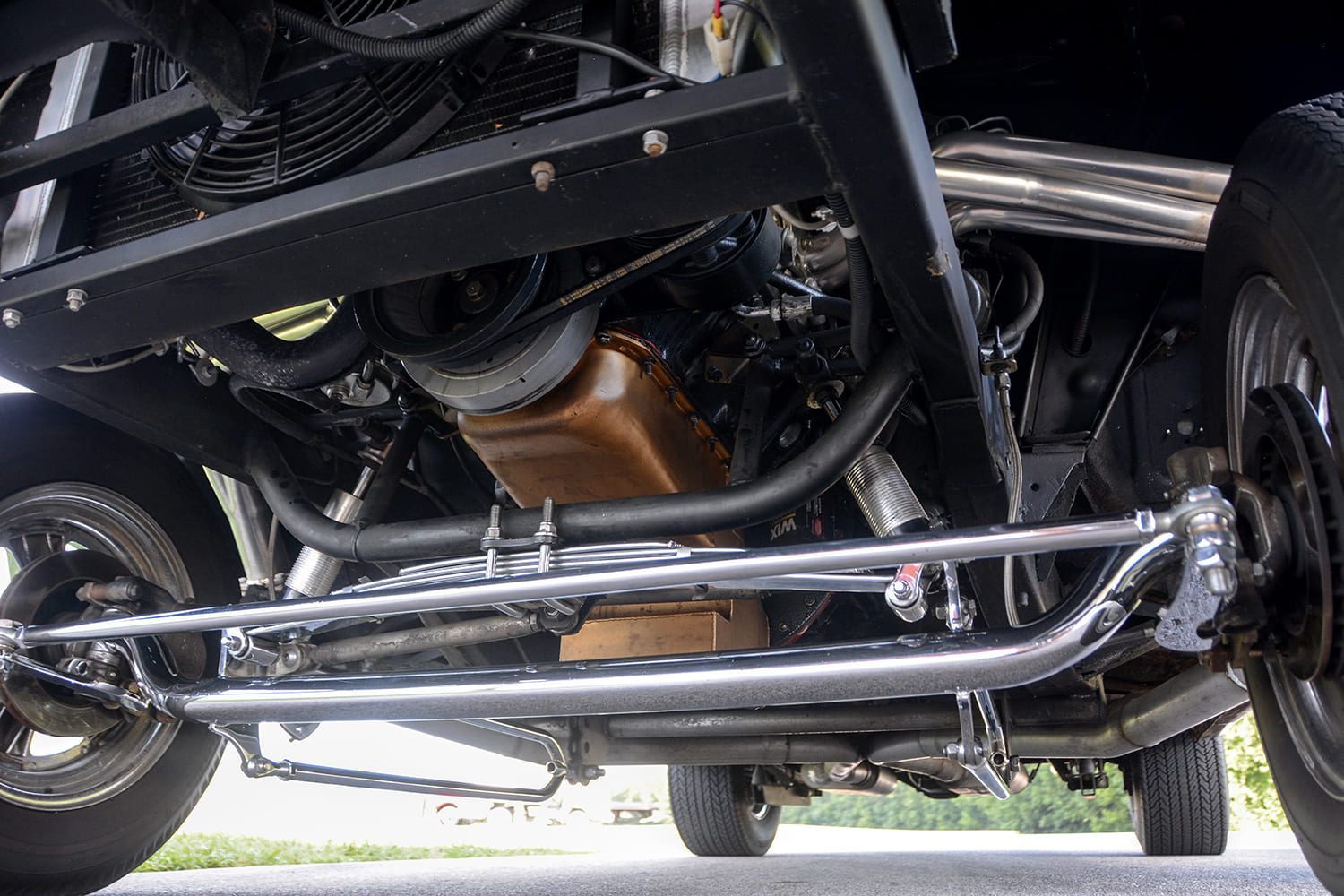 018 1955 Chevy Gasser chrome straight axle front suspension leaf springs and drag headers