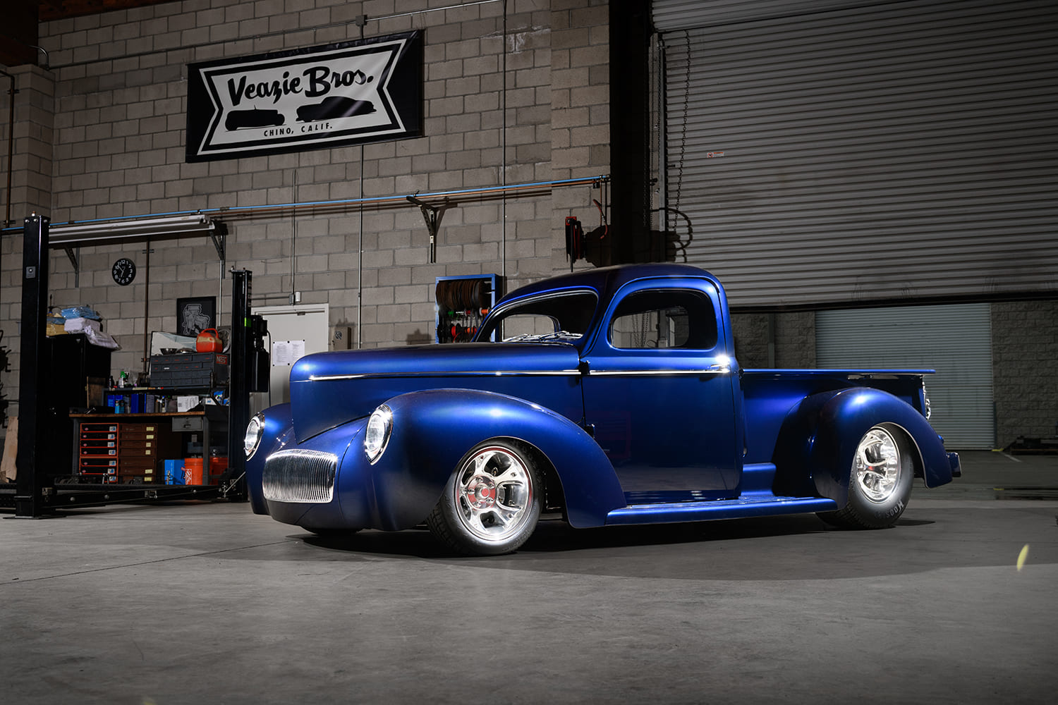 02 1941 Willys Pickup front view with smoothed grille tucked bumper and drag style skinnies