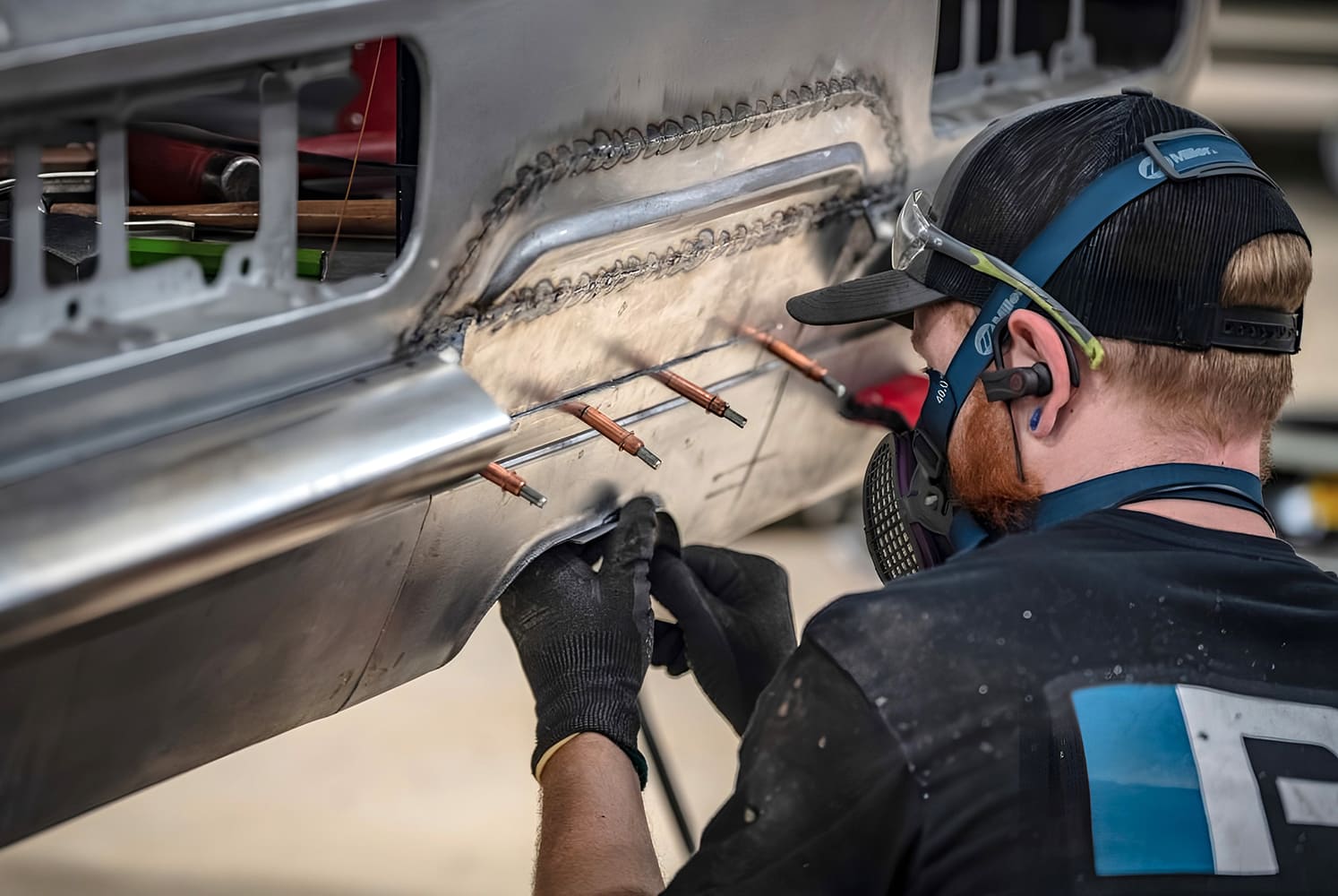 021 1968 Camaro Cleco pins and TIG prep lower valance shaping for bumper delete