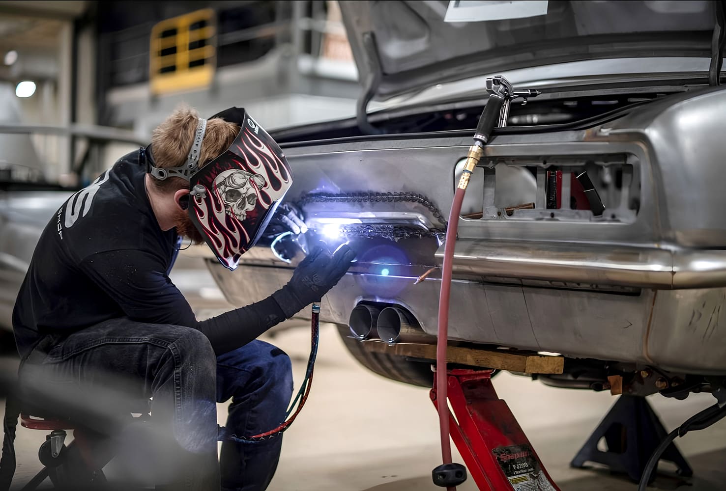 022 1968 Camaro rear TIG weld in progress dual exhaust panel fully tacked
