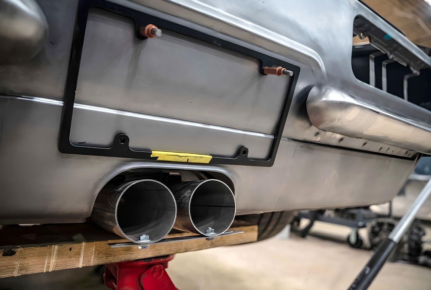 025 1968 Camaro dual exhaust mock up rear cutouts Cleco pins license frame test fit
