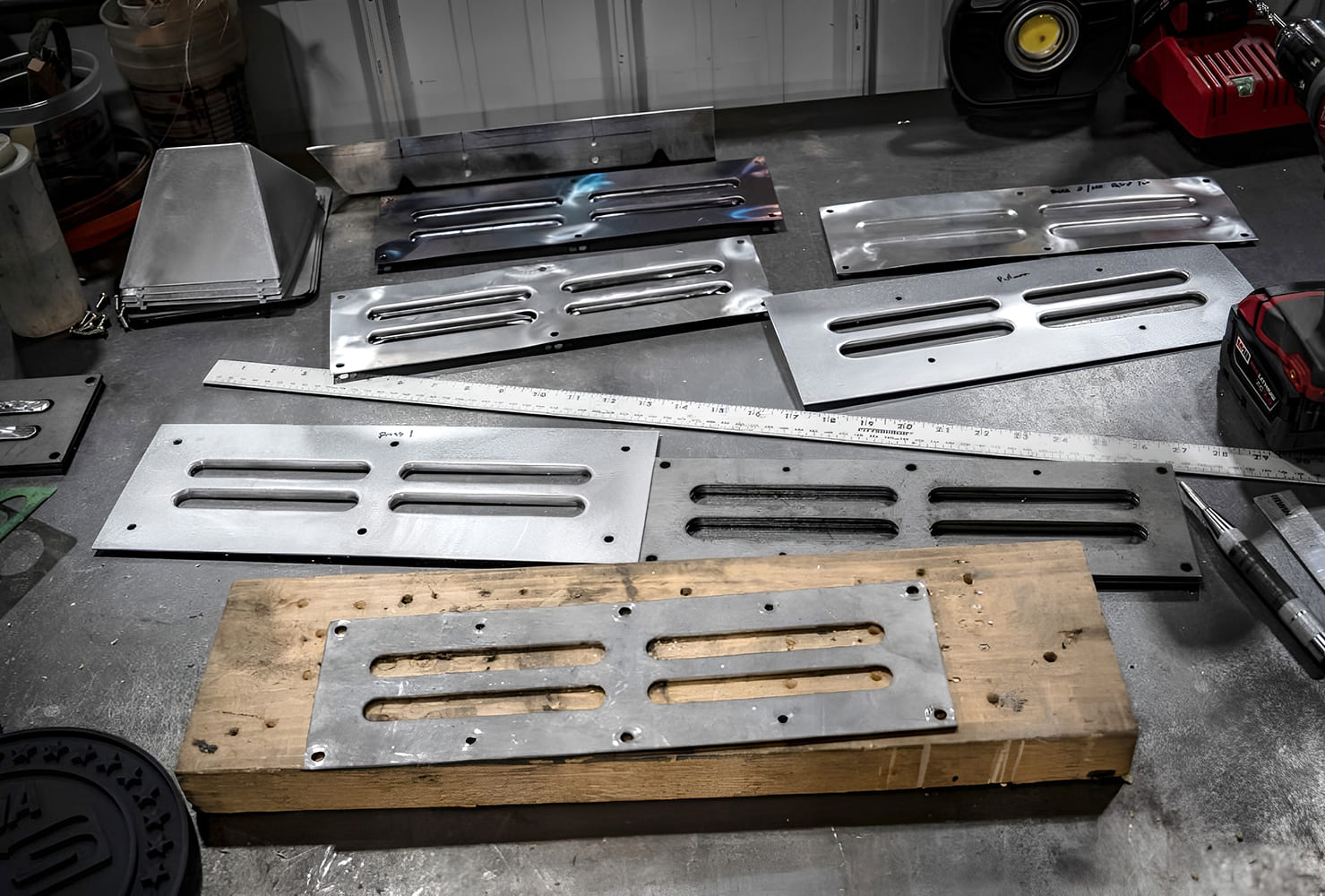 026 1968 Camaro rear vent panel layout and shaping pieces staged on fab bench