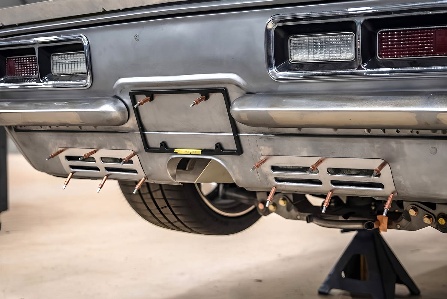 027 1968 Camaro bumper delete slotted panels Cleco pinned both sides of license area