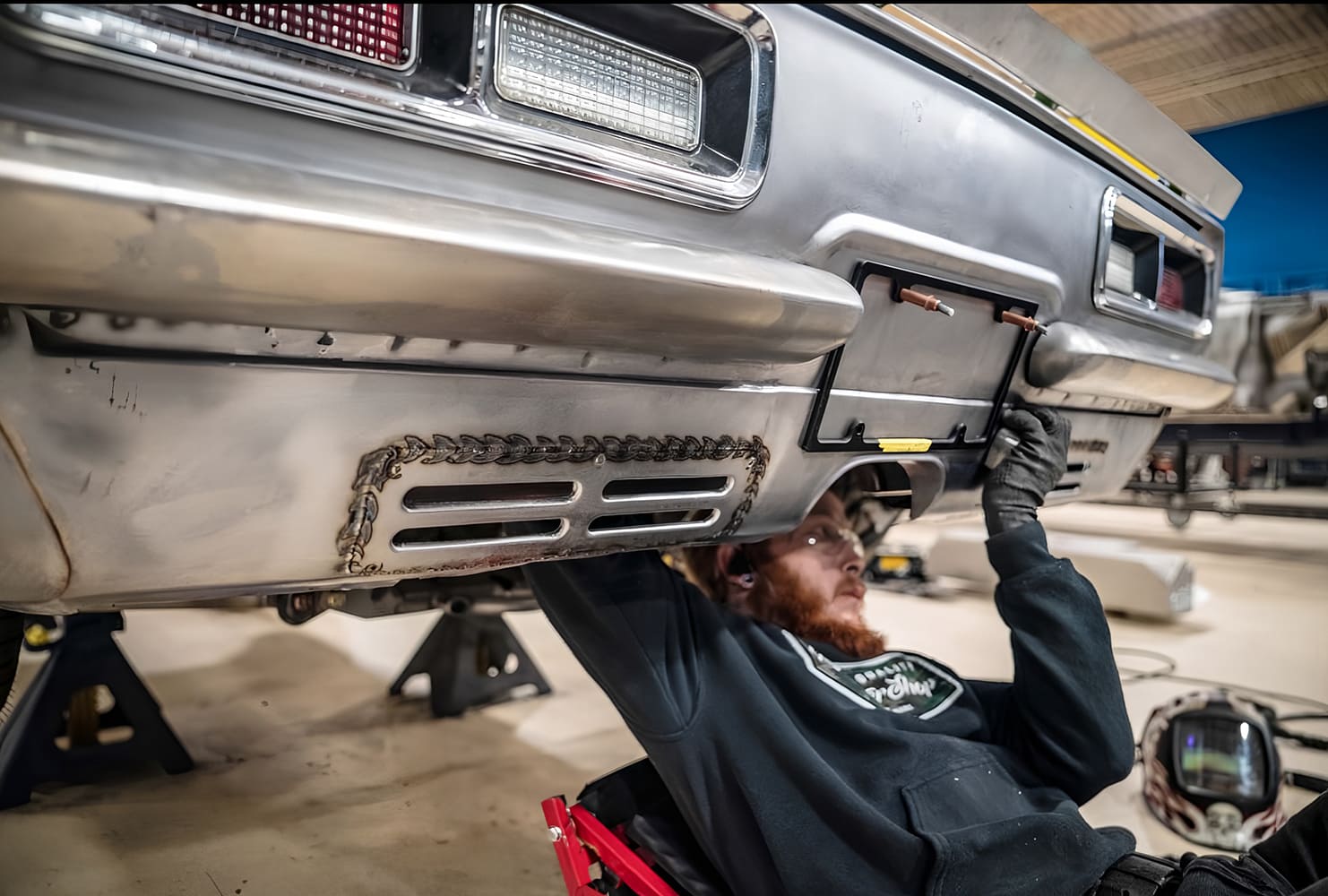 030 1968 Camaro welded vent panel finished TIG bead license recess fitment check