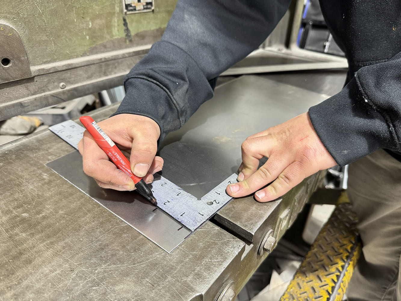 04 chevy c10 stake pocket sheet metal layout scribe and sharpie lines