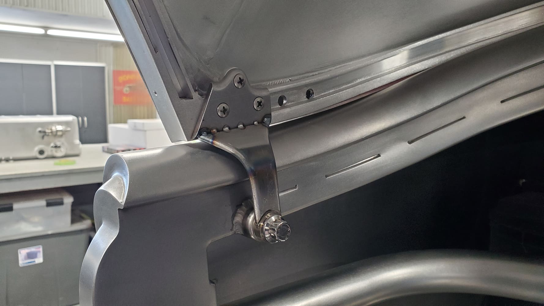 07 1936 Ford Roadster roof hinge mount bracket detail custom top fitment traditional craftsmanship