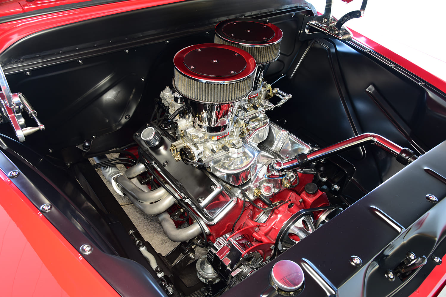 07 1955 chevy truck engine bay dual edelbrock carbs polished intake chrome pulleys