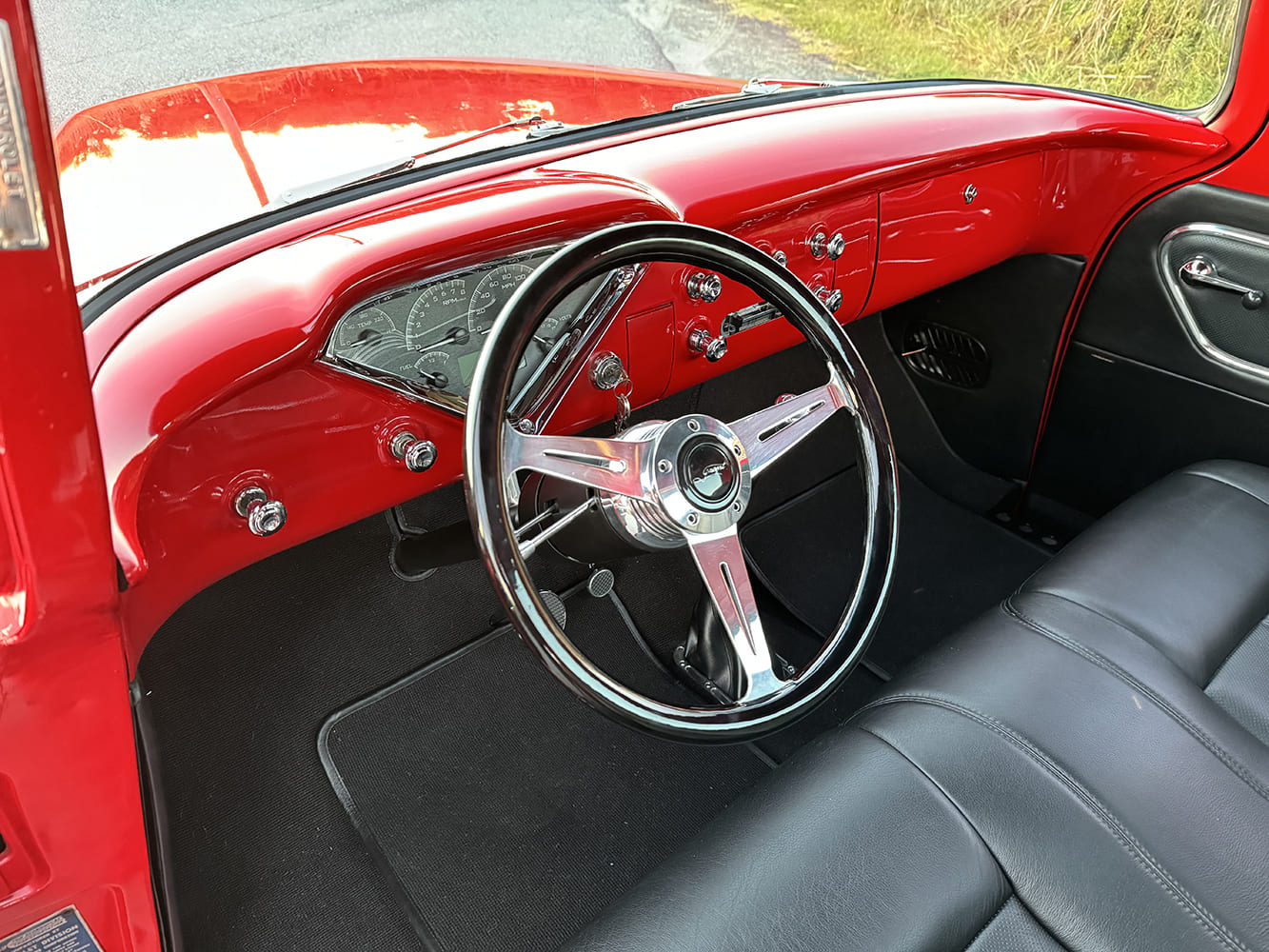 10 1955 chevy truck interior bench seat black leather billet wheel red dash