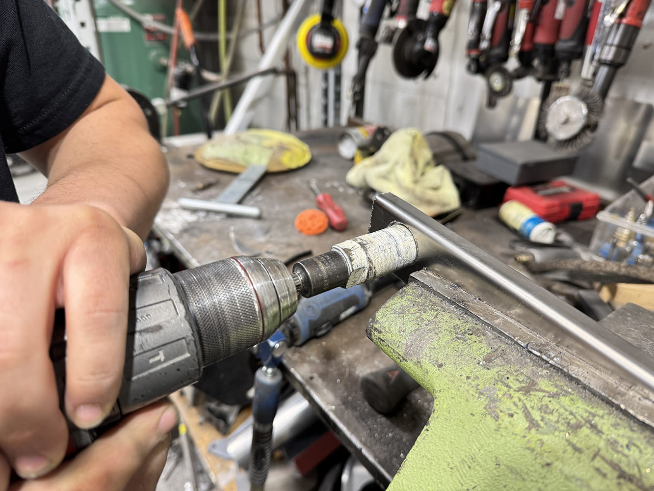 10 chevy c10 stake pocket bolt tube prep in drill with fixture