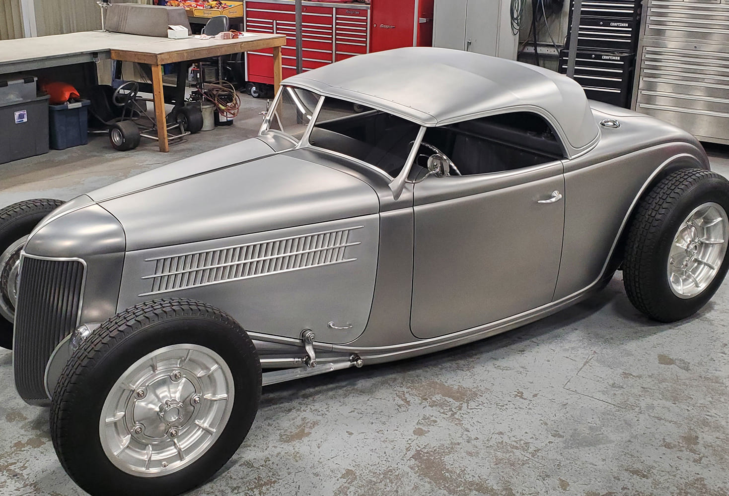 11 1936 Ford Roadster bare metal body Hallock windshield Halibrand wheels custom removable top in fabrication