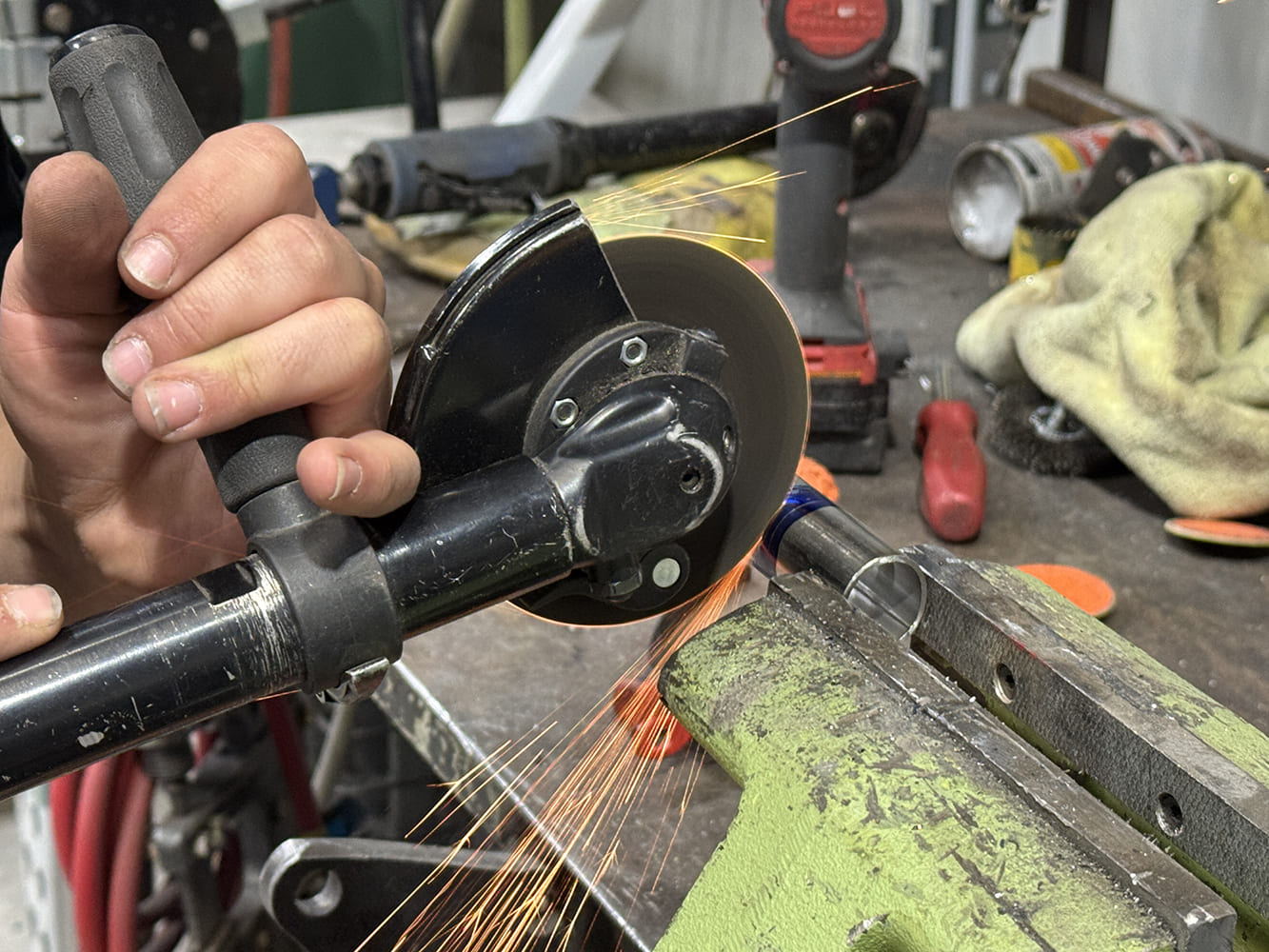 12 chevy c10 stake pocket tube cut off prep with angle grinder and sparks