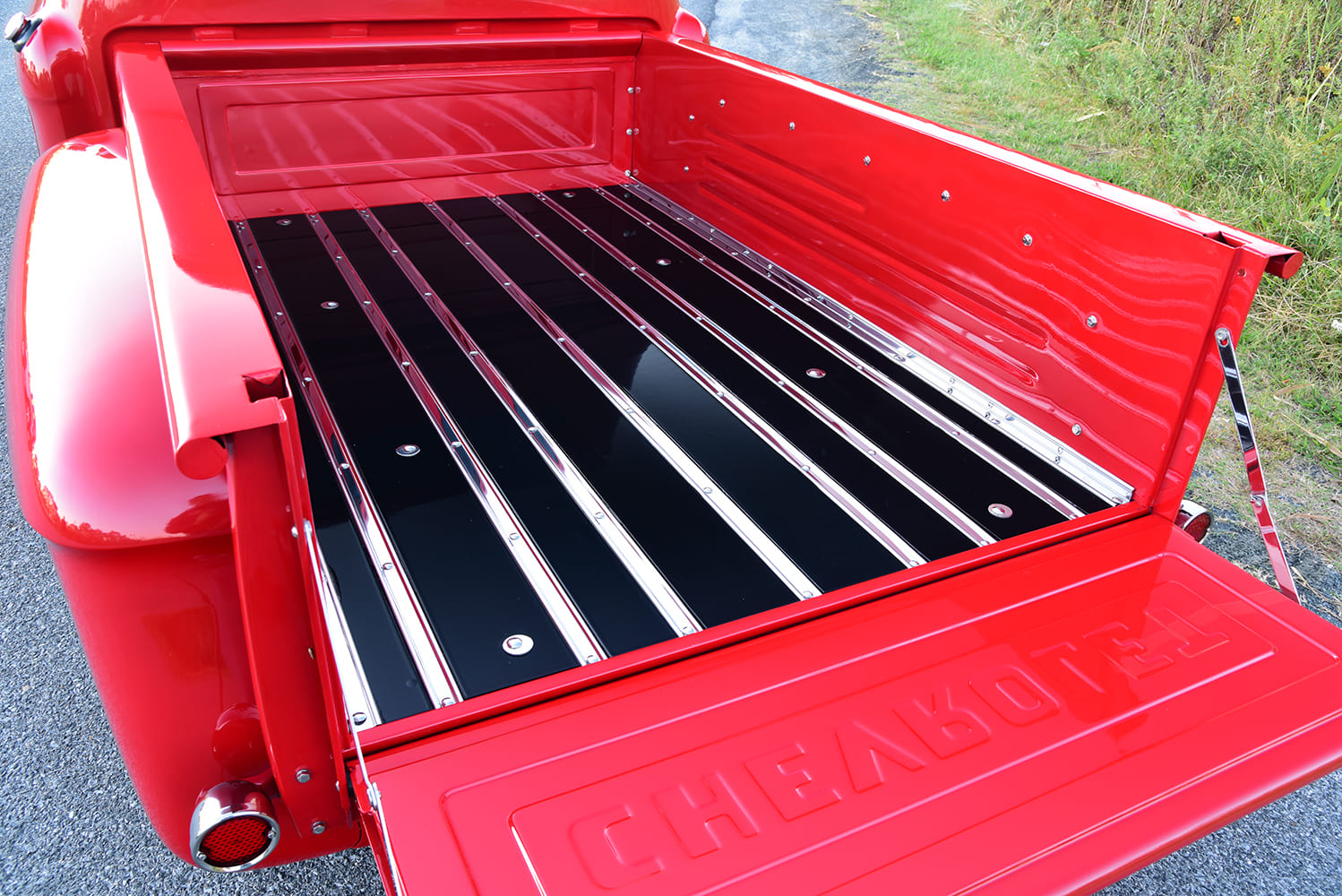 13 1955 chevy truck bed floor gloss black slats with polished stainless trim