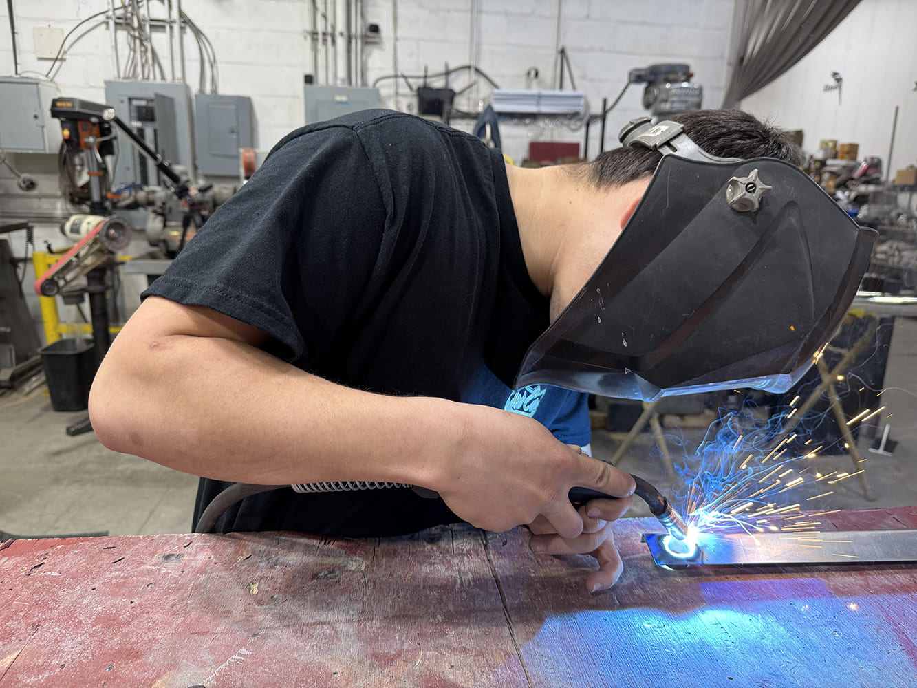 13 chevy c10 stake pocket weld tube to bracket on workbench MIG