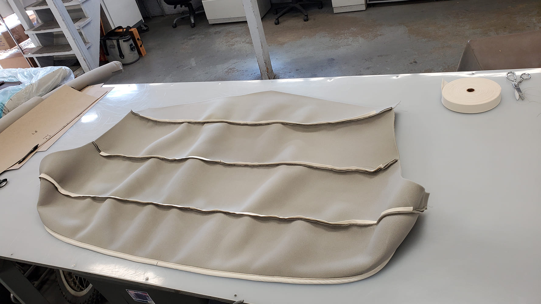 16 1936 Ford Roadster convertible top fabric pre stitched tan canvas with panel seams laid out