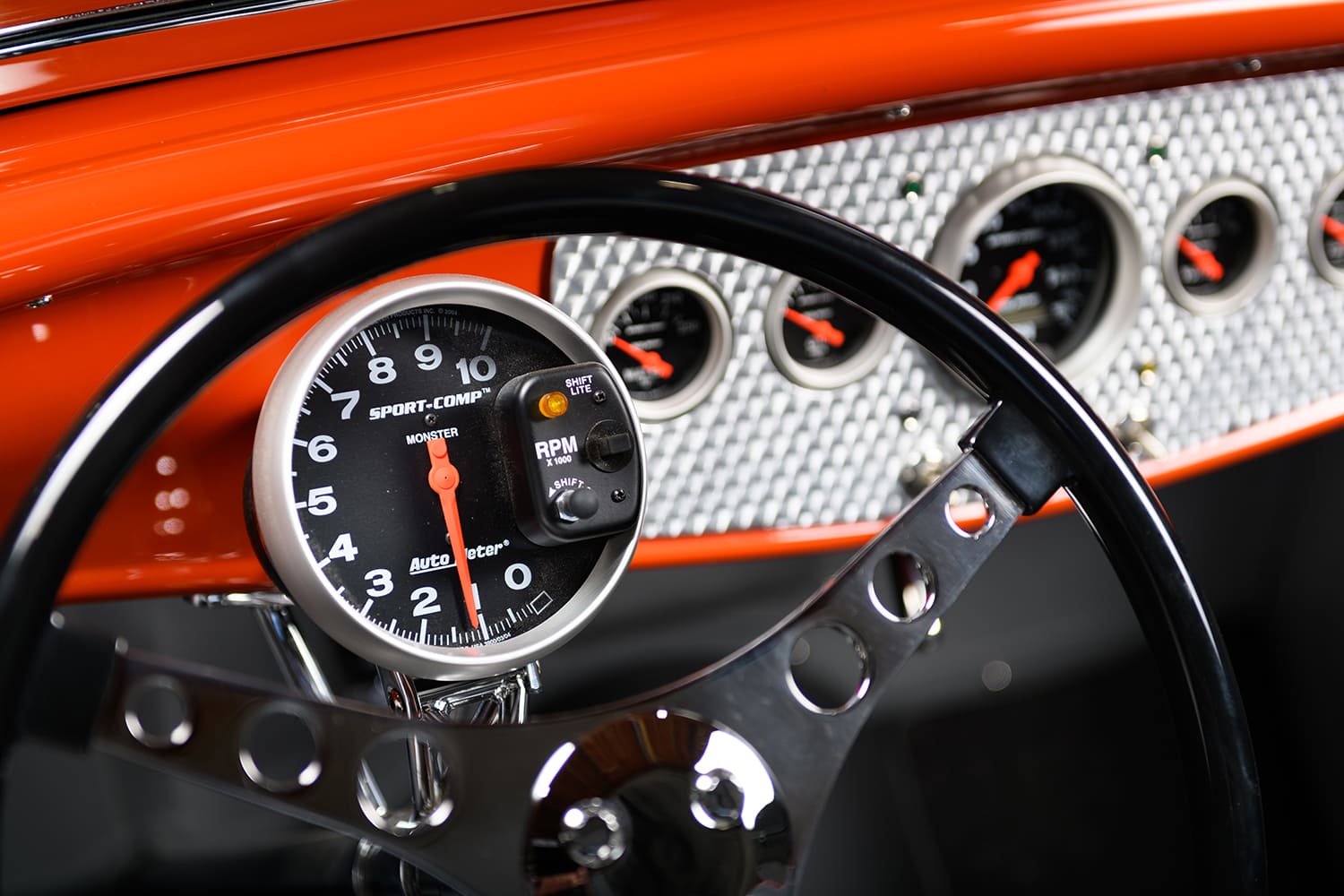 17 1932 Ford Roadster dash Autometer Sport Comp gauges billet steering column hot rod cockpit