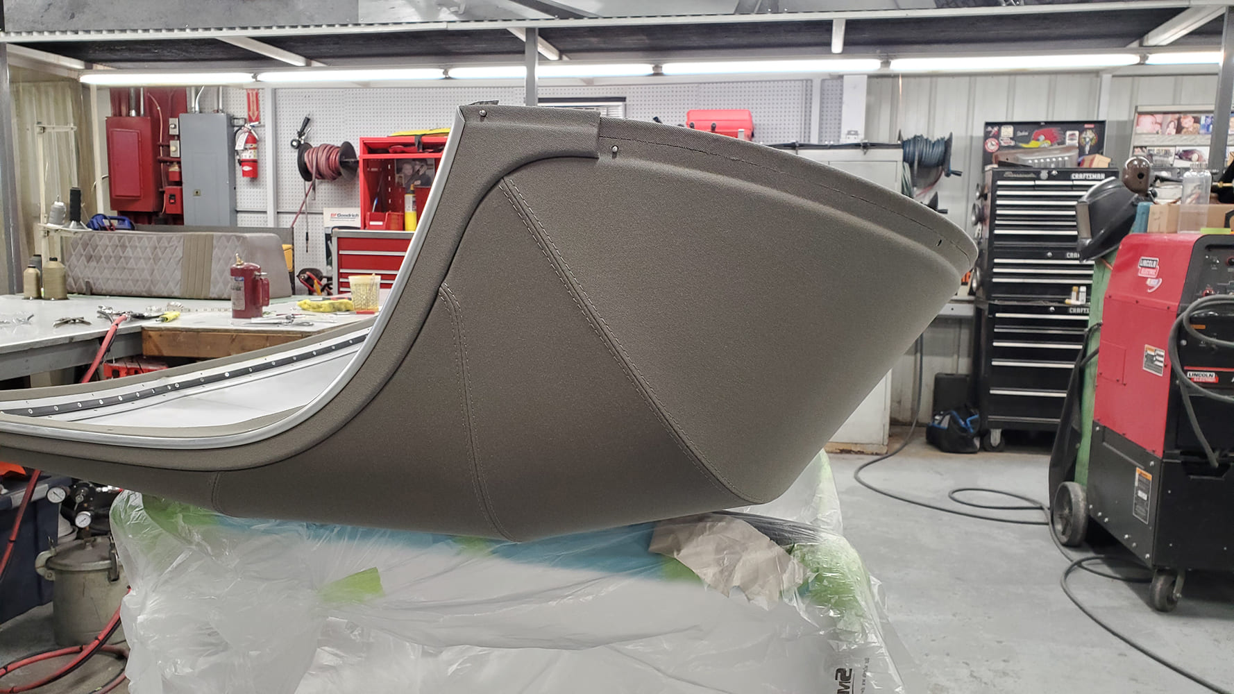 23 1936 Ford Roadster rear corner of top wrapped and stitched canvas with formed structure and defined seams