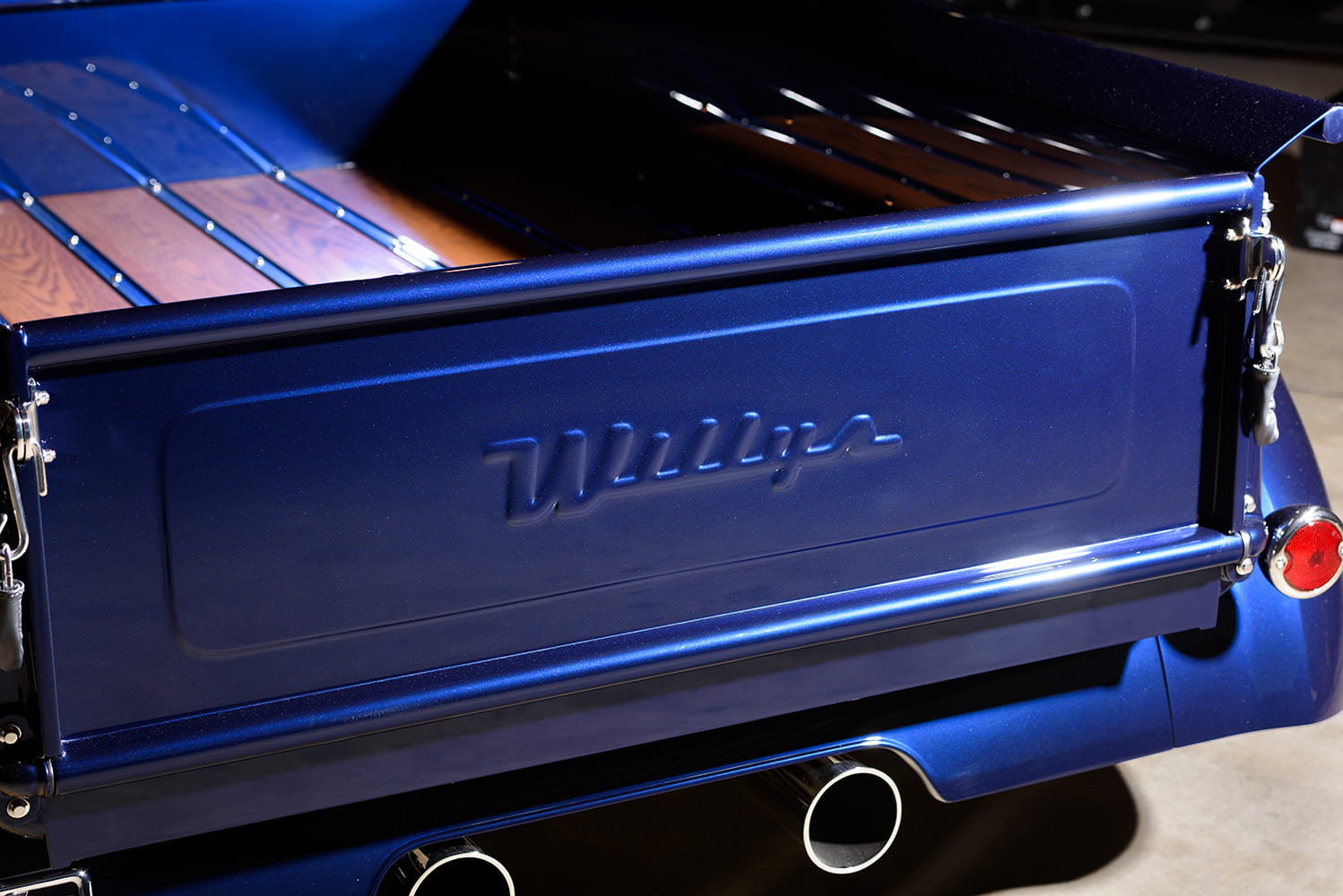 23 1941 Willys Pickup tailgate with embossed Willys script dual exhaust and deep blue pearl paint