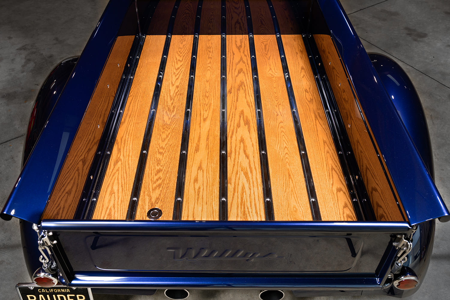 24 1941 Willys Pickup custom wood bed with satin oak planks and gloss black stainless bed strips