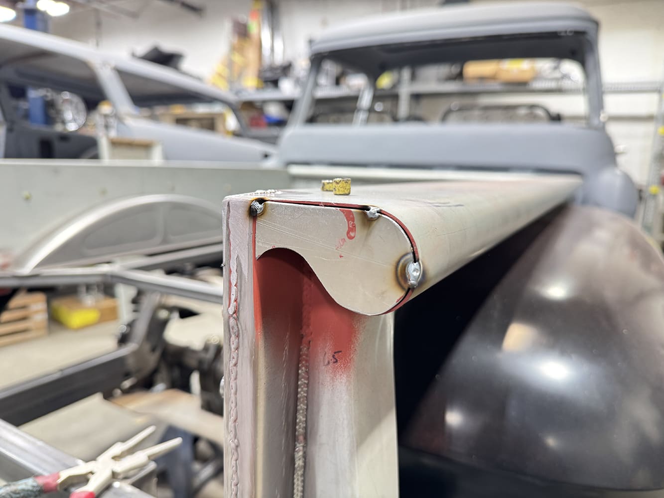 25 chevy c10 stake pocket endcap tacked in place with round reveal