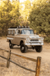 34 1959 Chevrolet Apache 4x4 build with roof mounted lights and raised suspension staged in forest trailhead