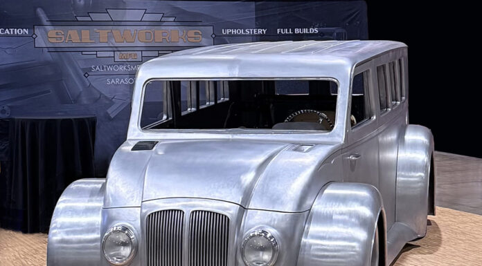 The SaltWorks DIVCO Build Project Part 3 00 Divco custom bare metal widebody wagon build with chopped roof and deep inset grille at Saltworks display