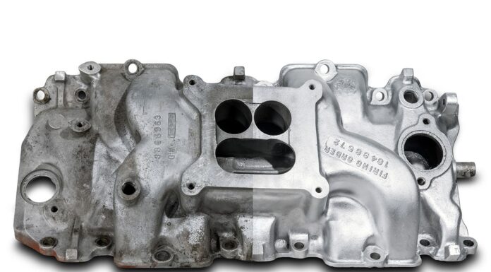 Vapor Honing to Clean Up Those Vintage Parts 000 aluminum intake manifold before and after vapor blasting restoration