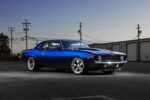 001 1969 Chevy Camaro blue restomod staggered wheels aggressive stance dusk lighting