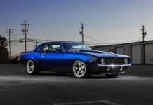 Pro Touring 1969 Camaro 001 1969 Chevy Camaro blue restomod staggered wheels aggressive stance dusk lighting