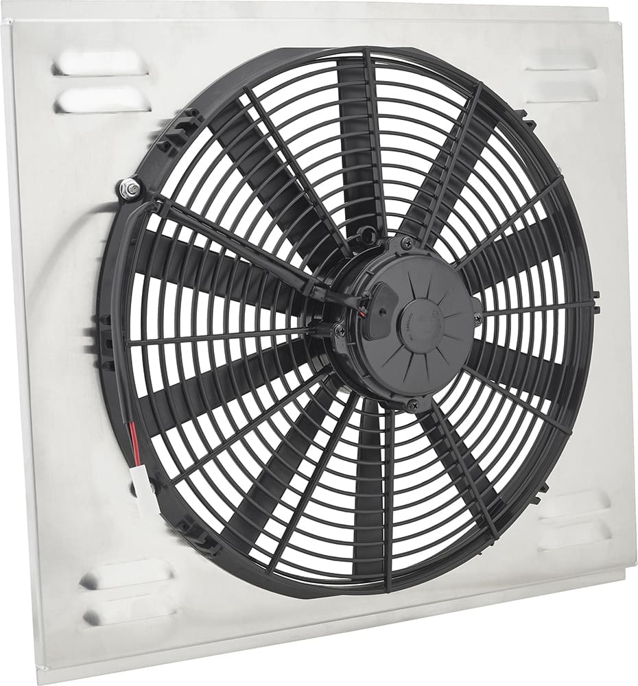 006 Derale 16 inch fan mounted to aluminum shroud curved blade reversible design