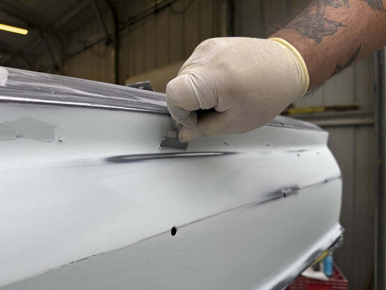 007 Razor blade detailing filler line on 1963 Chevy Nova door
