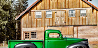 01 1947 Dodge Pickup custom green paint black fenders lowered stance barn backdrop