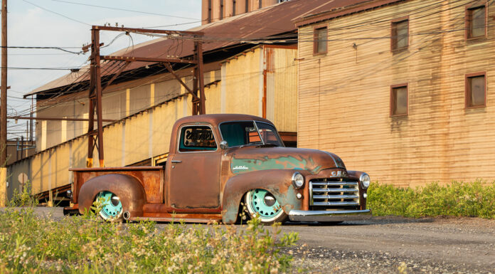 01 1948 GMC truck patina pickup lowered static stance vintage industrial backdrop