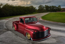 The Briggs-SaltWorks 1953 Chevy 01 1953 chevy 3100 custom truck pro touring build candy red gold wheels race track