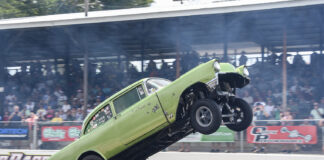 01 1956 Chevy 210 gasser lime green wild wheelie launch straight axle high rev drag start