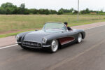 01 1956 Corvette C1 restomod low stance custom wheels two tone graphite and burgundy cruising shot