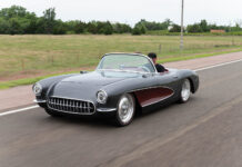 01 1956 Corvette C1 restomod low stance custom wheels two tone graphite and burgundy cruising shot