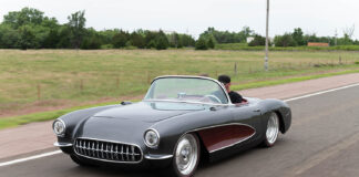 01 1956 Corvette C1 restomod low stance custom wheels two tone graphite and burgundy cruising shot