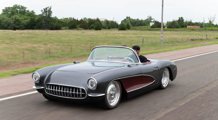Custom 1956 Corvette has Looks and Performance 01 1956 Corvette C1 restomod low stance custom wheels two tone graphite and burgundy cruising shot