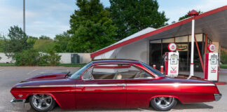 01 1962 Chevy Impala profile shot candy red paint air ride stance billet wheels