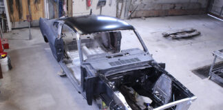 01 1965 Mustang Fastback shell prepped for roof replacement with structural components already restored