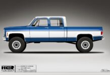 Ironworks Builds a Chevy Crew Cab 01 1978 chevy squarebody crew cab concept render two tone blue white lifted on off road beadlock wheels