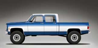 01 1978 chevy squarebody crew cab concept render two tone blue white lifted on off road beadlock wheels